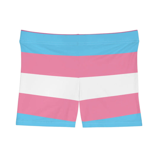 A photo of colorful shorts with pink, blue, and white horizontal stripes echoes the design of the transsexual flag.