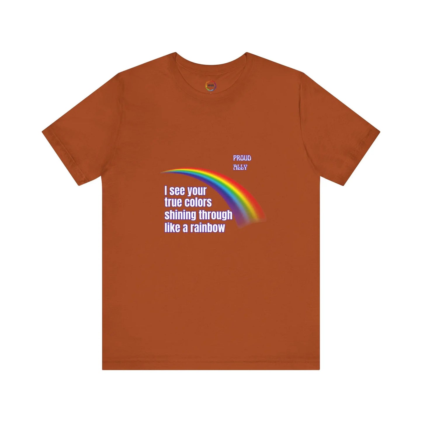 Autumn brown t-shirt with rainbow and text design on a white background