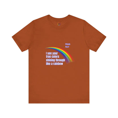 Autumn brown t-shirt with rainbow and text design on a white background