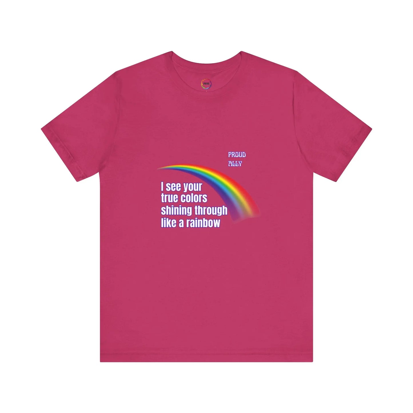 Berry t-shirt with rainbow and text design on a white background