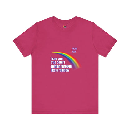 Berry t-shirt with rainbow and text design on a white background