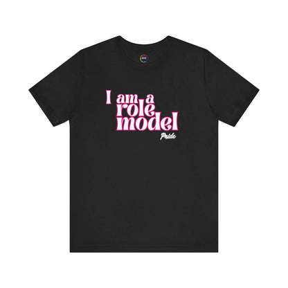 Black t-shirt with 'I am a role model' text in pink on a white background