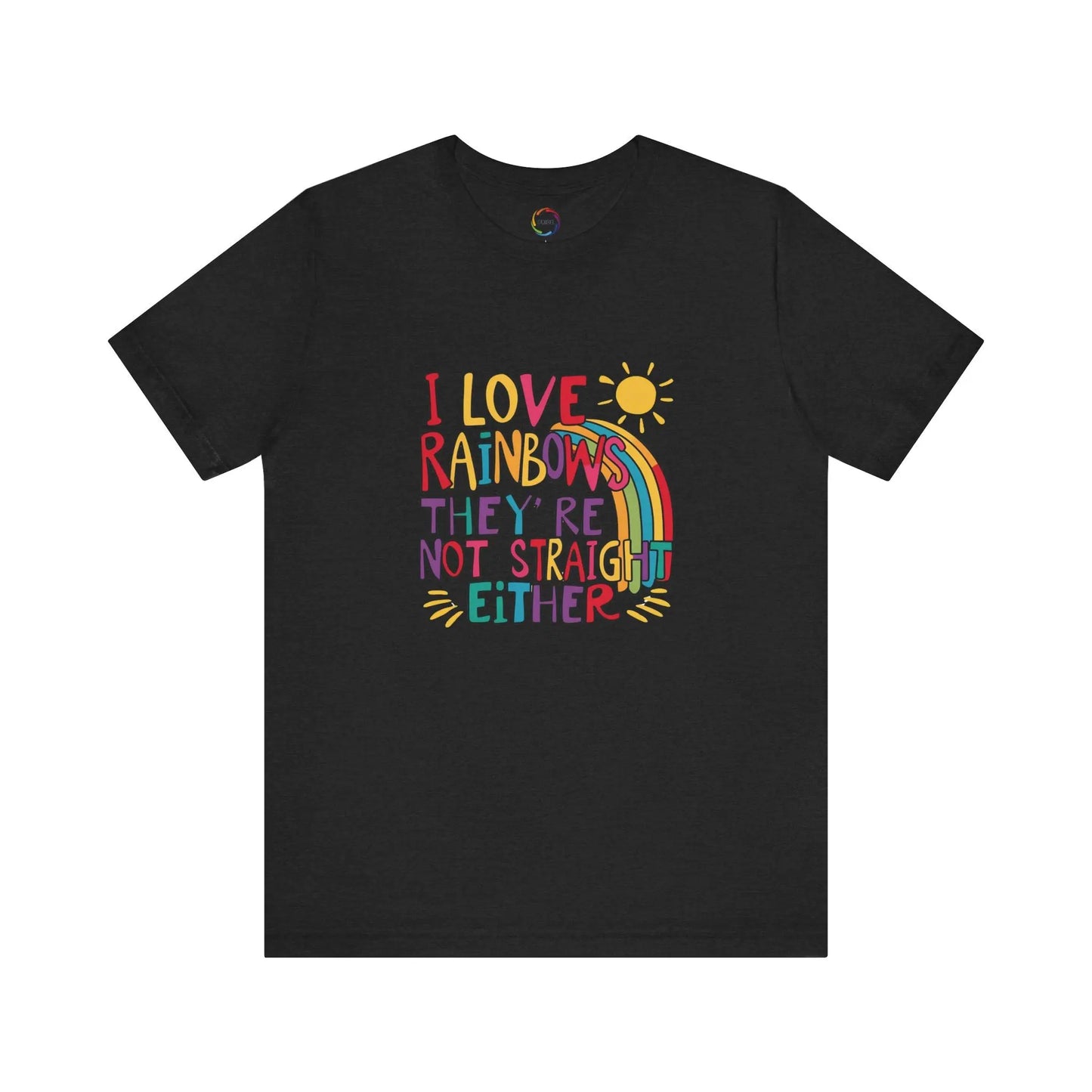 A black unisex short-sleeve t-shirt with a colorful graphic that includes text saying "I love rainbows they're not straight either."
