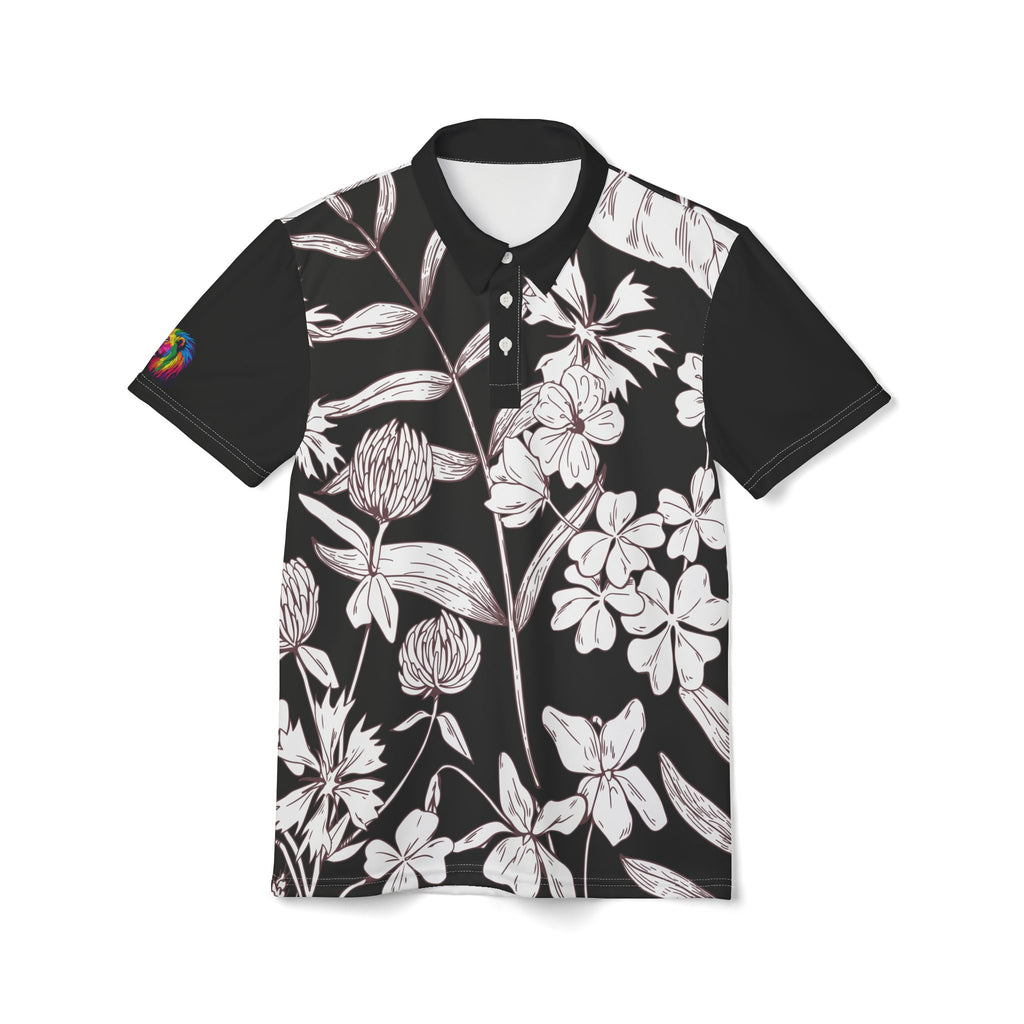 A black and white leaf and flower polo shirt from the Worldwide PRIDE Subtlety collection. On the right sleeve is a small colorful lion, an homage to the LBGTQ community. The person is placed against a plain white backdrop.