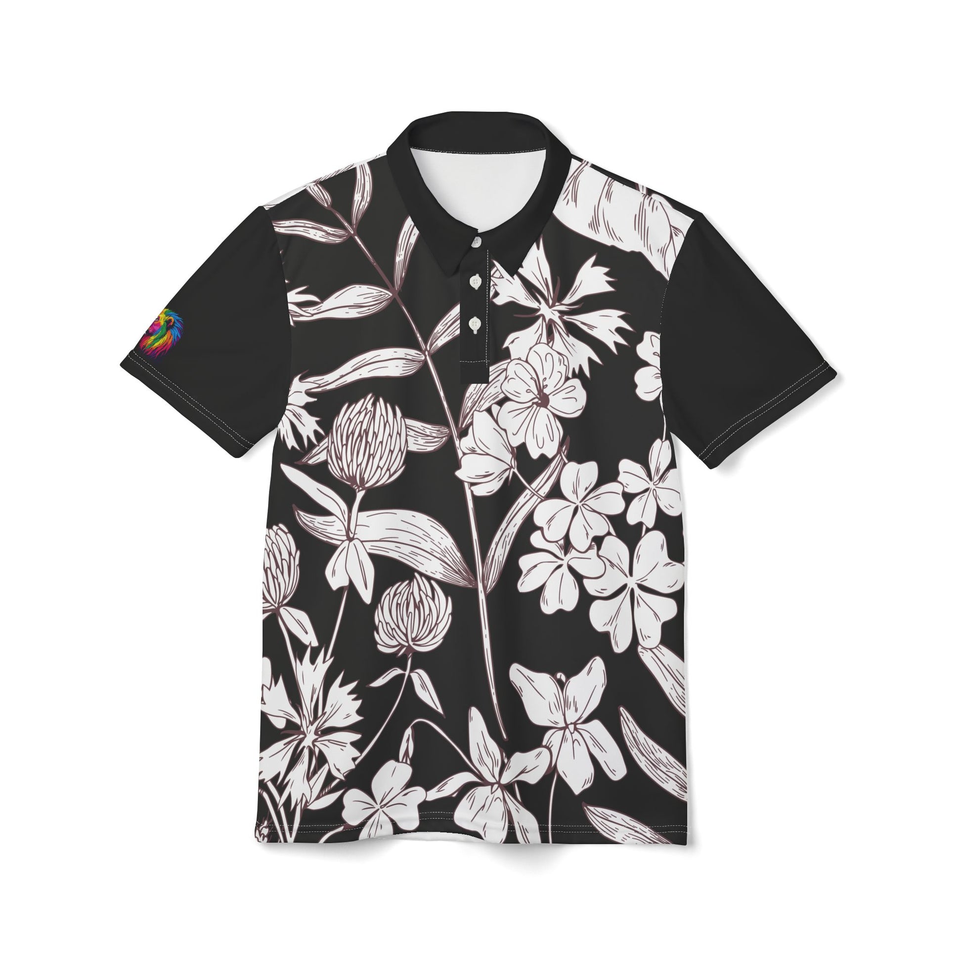 A black and white leaf and flower polo shirt from the Worldwide PRIDE Subtlety collection. On the right sleeve is a small colorful lion, an homage to the LBGTQ community. The person is placed against a plain white backdrop.