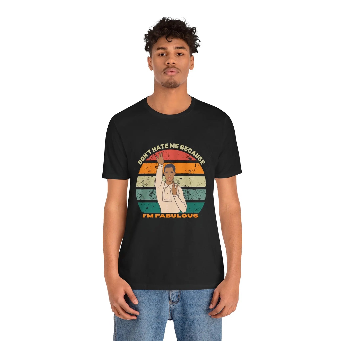 A person wearing a black unisex retro style short-sleeve t-shirt with a graphic print that includes text and a silhouette of a person.
