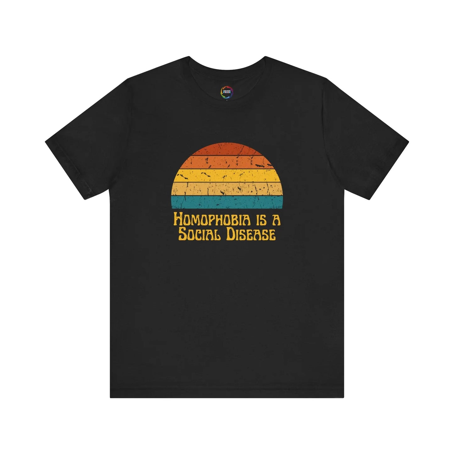 Black t-shirt with a colorful graphic and text on a white background