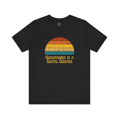 Black t-shirt with a colorful graphic and text on a white background