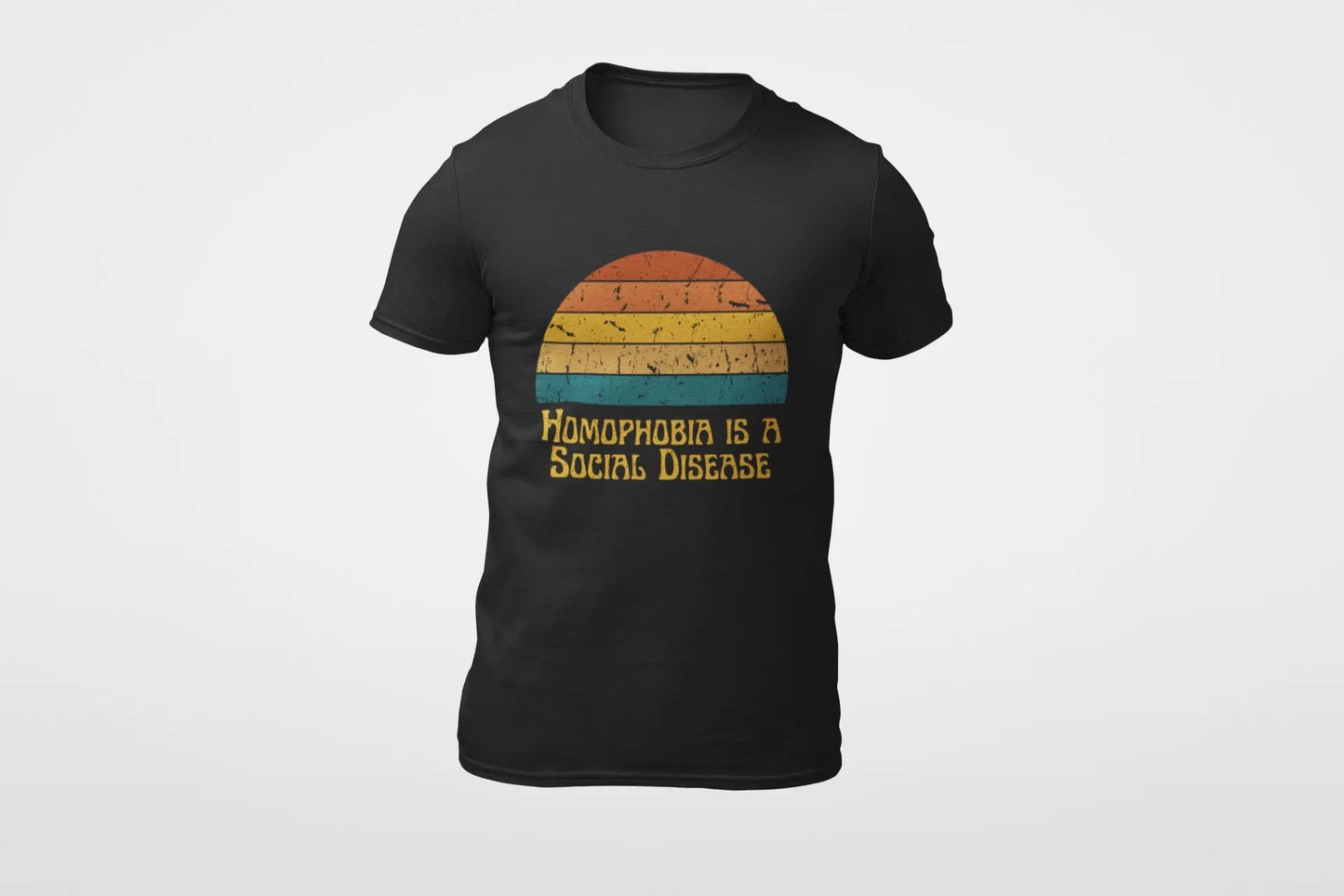 Black t-shirt with a colorful graphic and text on a white background