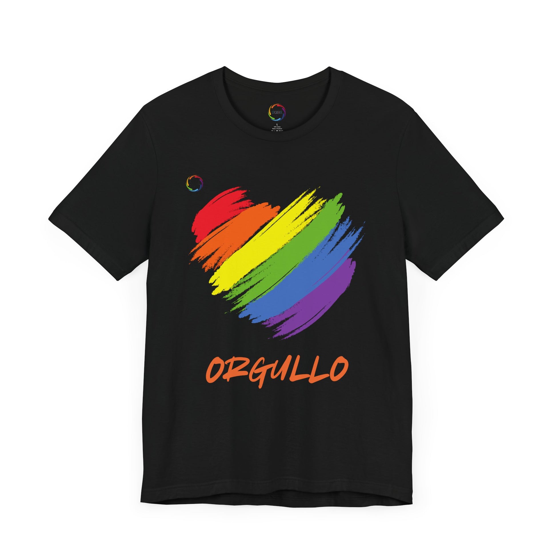 Black T-shirt featuring a rainbow-colored splotch brushstroke heart design with the word ORGULLO, celebrating pride in Spanish, below in yellow-orange letters. Perfect for showing support for the LGBTQ community and Worldwide PRIDE events.