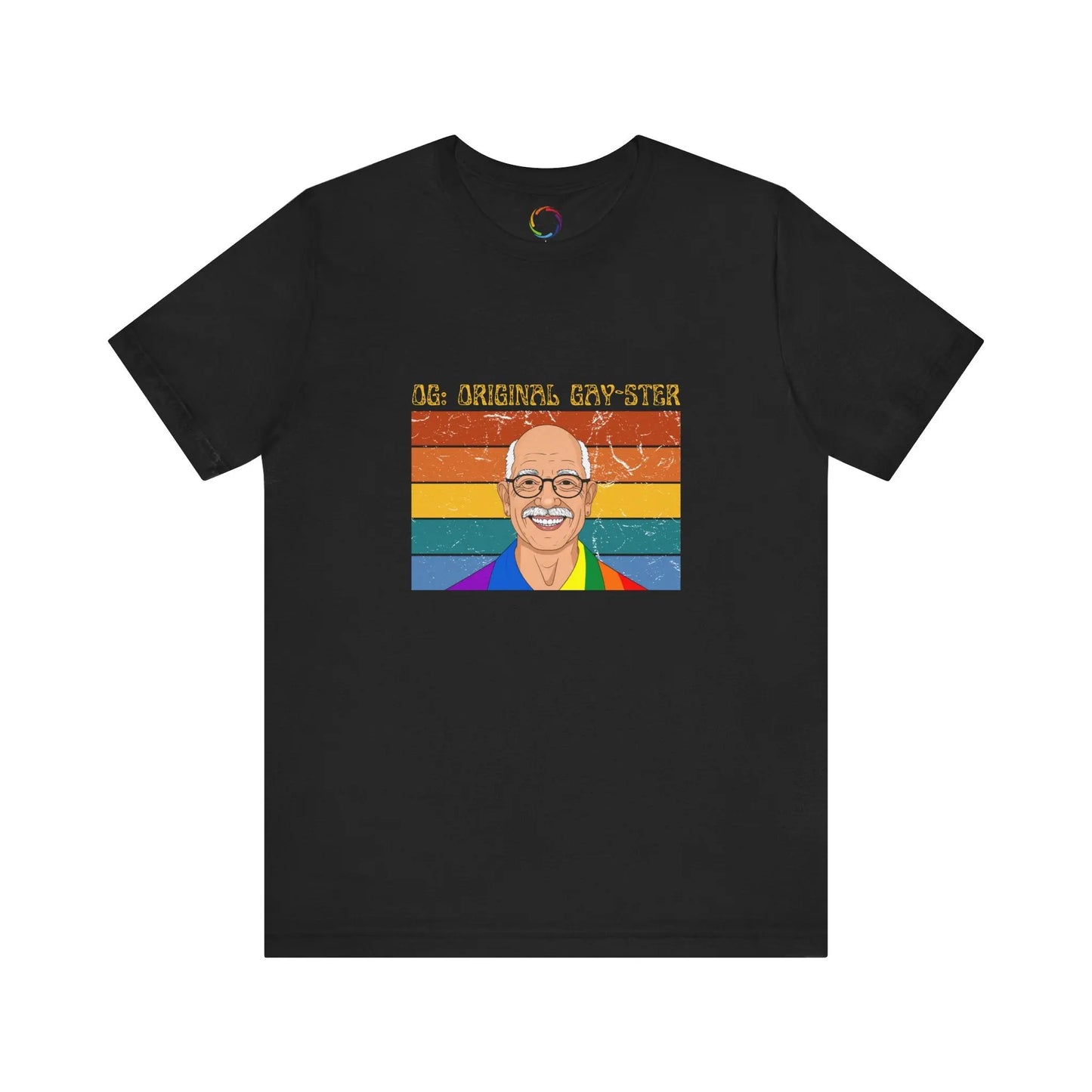 A black unisex short-sleeve t-shirt with a graphic print of a person's face and the text 'ORIGINAL GAY-STER' in rainbow-colored letters.