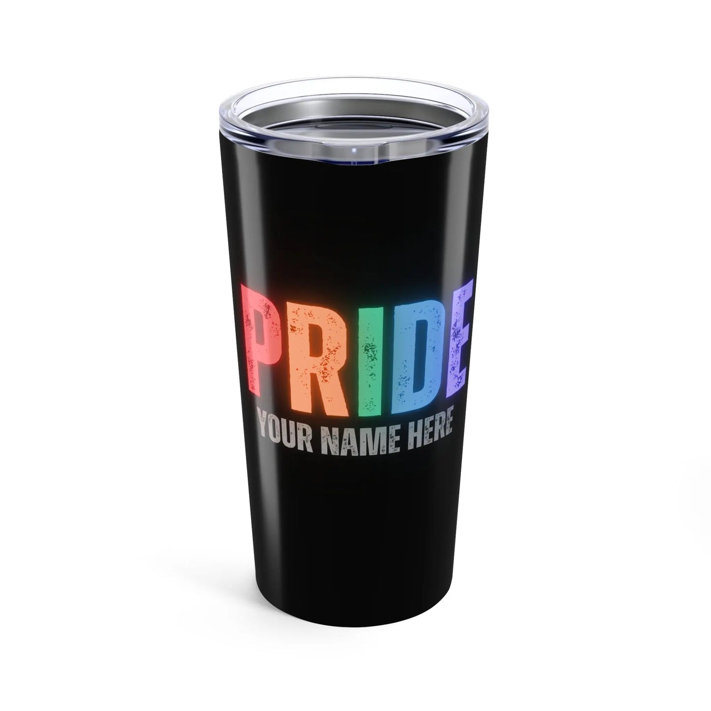 This personalizable black tumbler, celebrated by the LGBTQ community, flaunts a transparent lid with a drinking slit. PRIDE is vibrantly displayed in rainbow colors, while below it, YOUR NAME HERE awaits your custom touch.