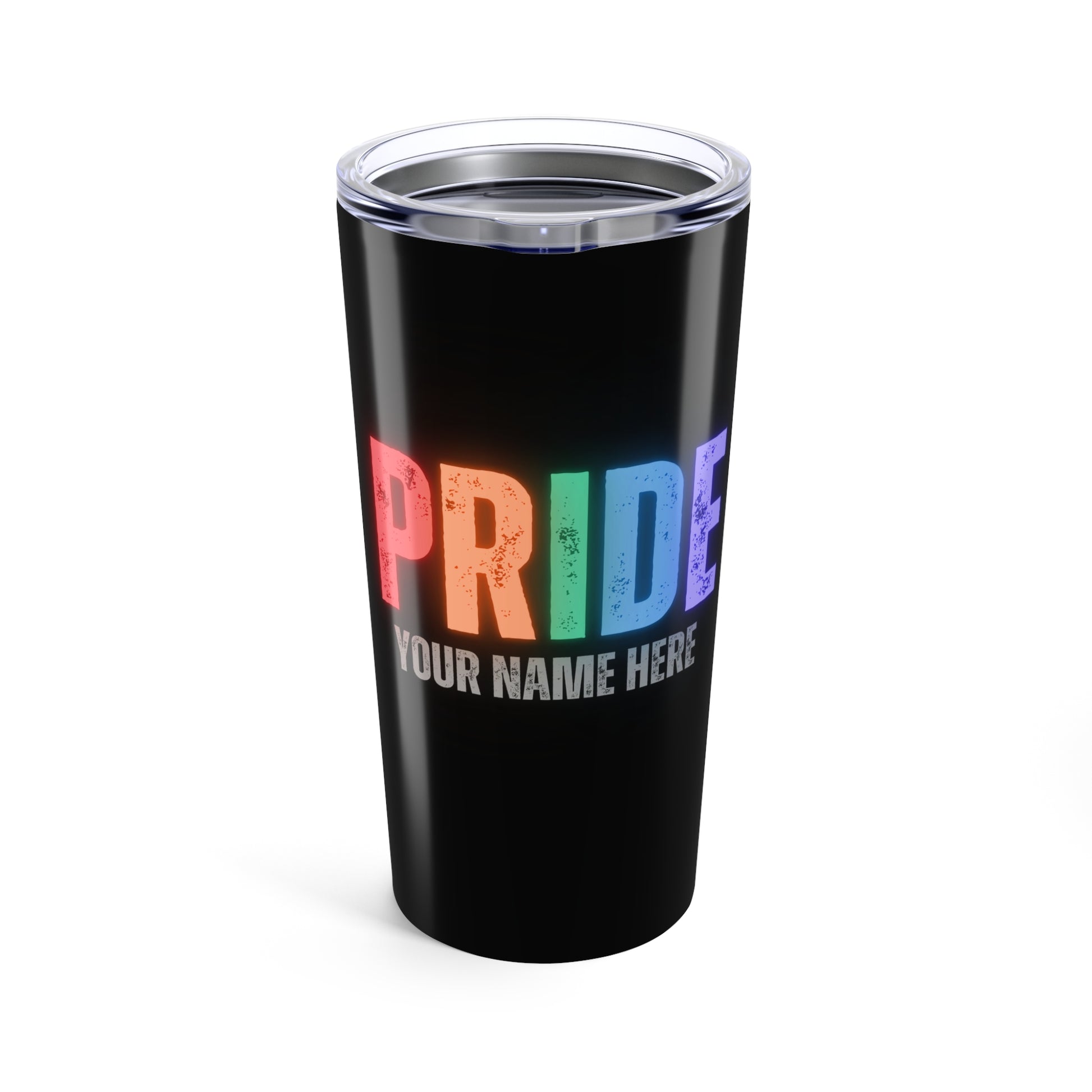 This personalizable black tumbler, celebrated by the LGBTQ community, flaunts a transparent lid with a drinking slit. PRIDE is vibrantly displayed in rainbow colors, while below it, YOUR NAME HERE awaits your custom touch.