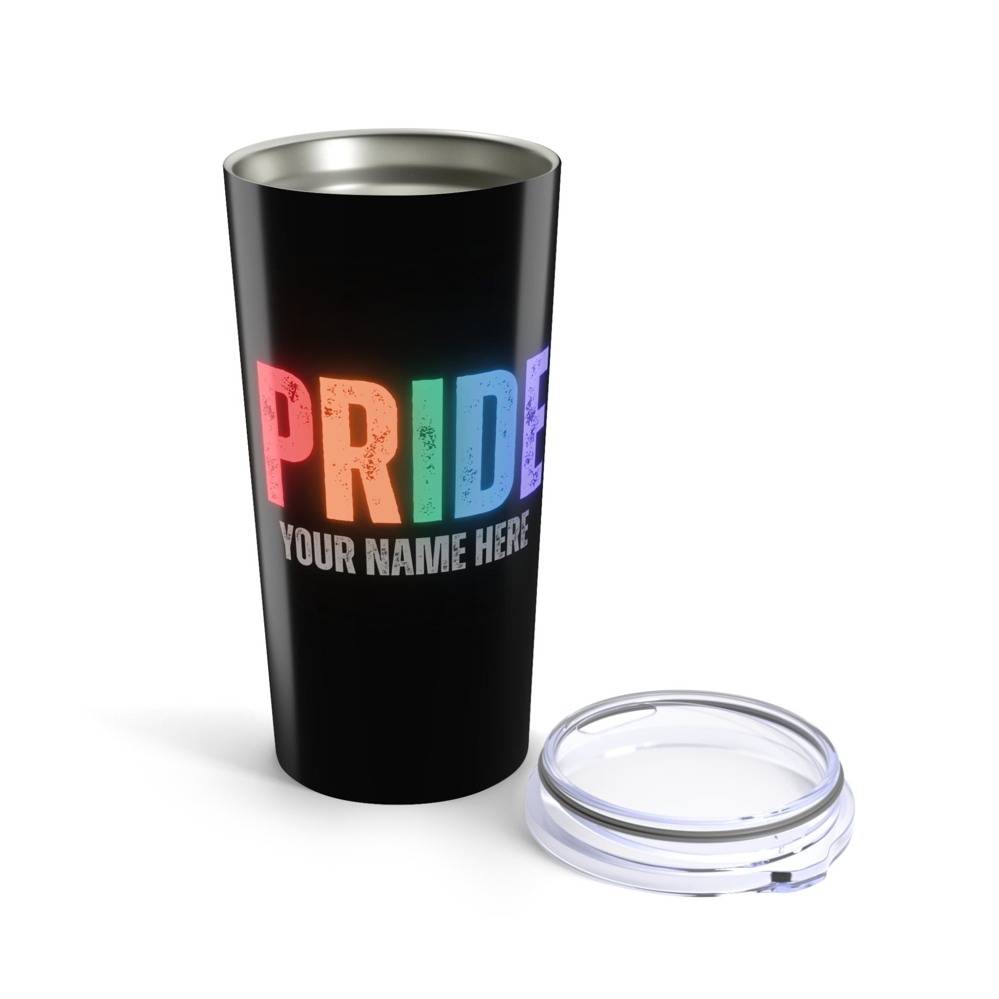This personalizable black tumbler, celebrated by the LGBTQ community, flaunts a transparent lid with a drinking slit. PRIDE is vibrantly displayed in rainbow colors, while below it, YOUR NAME HERE awaits your custom touch.