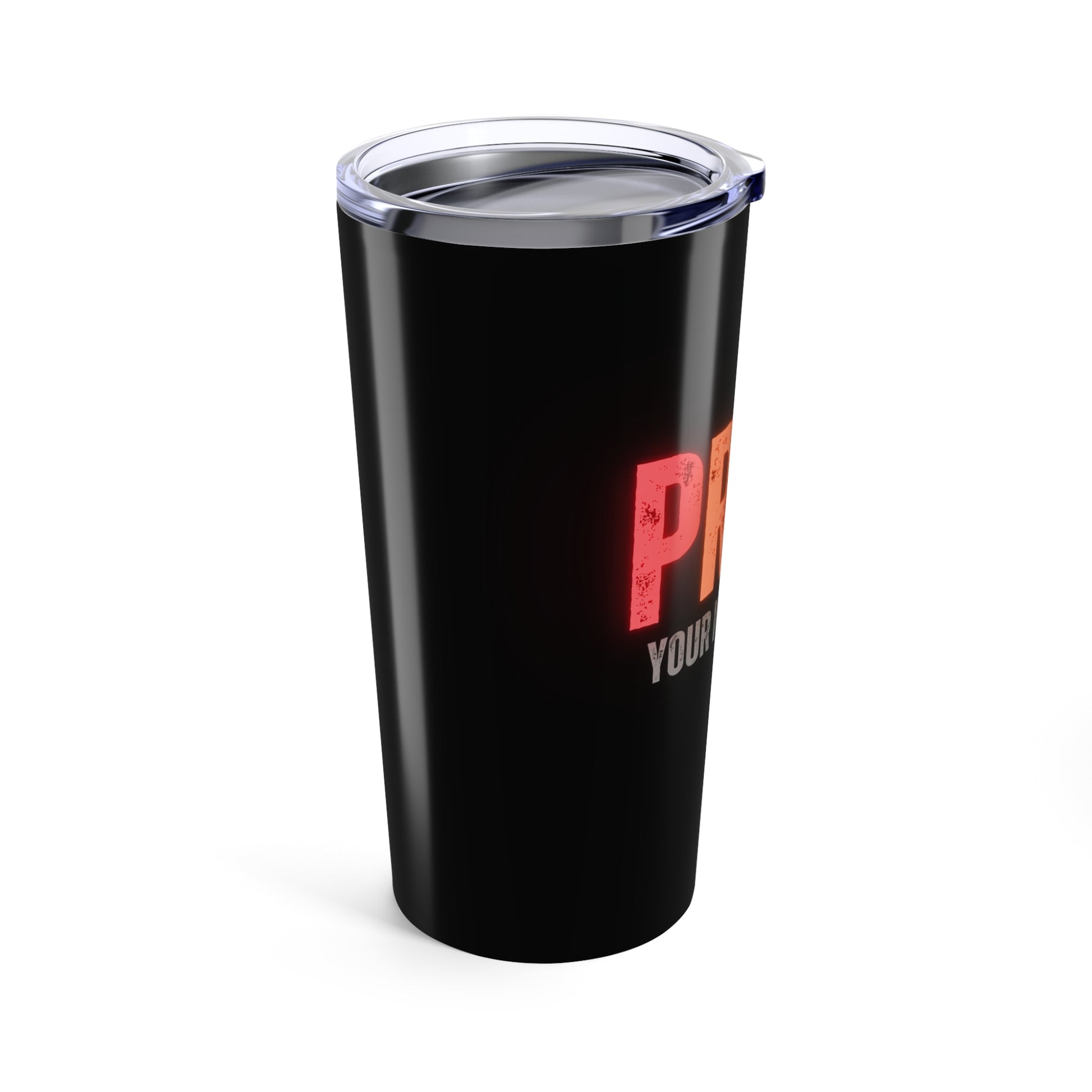 Side view of a personalizable black tumbler, celebrated by the LGBTQ community, flaunts a transparent lid with a drinking slit. 