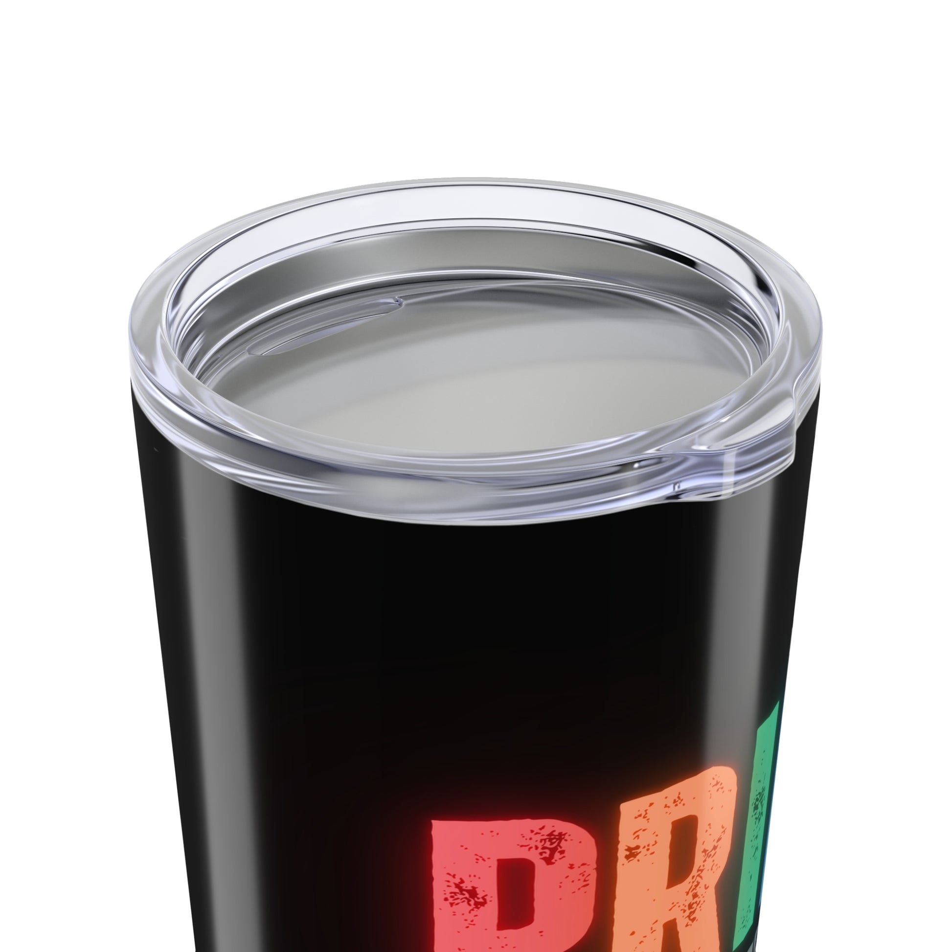 This personalizable black tumbler, celebrated by the LGBTQ community, flaunts a transparent lid with a drinking slit. PRIDE is vibrantly displayed in rainbow colors, while below it, YOUR NAME HERE awaits your custom touch.