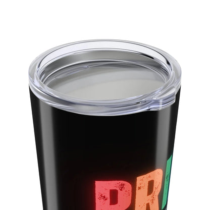 This personalizable black tumbler, celebrated by the LGBTQ community, flaunts a transparent lid with a drinking slit. PRIDE is vibrantly displayed in rainbow colors, while below it, YOUR NAME HERE awaits your custom touch.