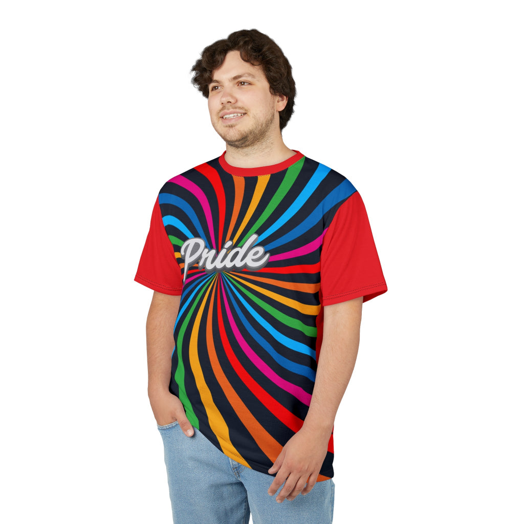 A person wearing a t-shirt with a vibrant spiral pattern in black and rainbow colors, proudly showcasing Pride at its center, celebrating the LGBTQ community. The red sleeves and back of the shirt are a stylish contrast to the front design.