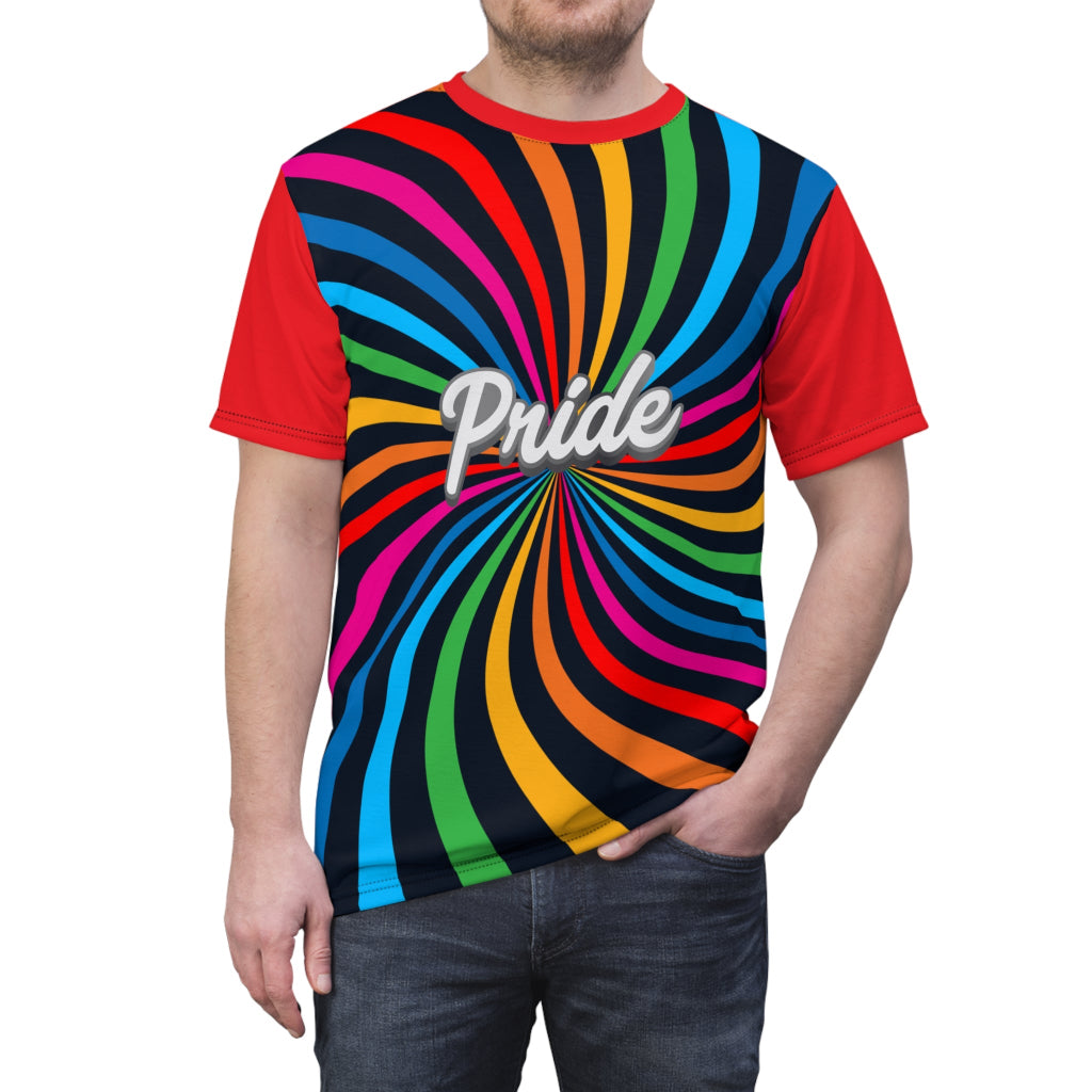 A person wearing a t-shirt with a vibrant spiral pattern in black and rainbow colors, proudly showcasing Pride at its center, celebrating the LGBTQ community. The red sleeves and back of the shirt are a stylish contrast to the front design.
