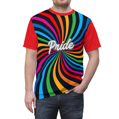 A person wearing a t-shirt with a vibrant spiral pattern in black and rainbow colors, proudly showcasing Pride at its center, celebrating the LGBTQ community. The red sleeves and back of the shirt are a stylish contrast to the front design.