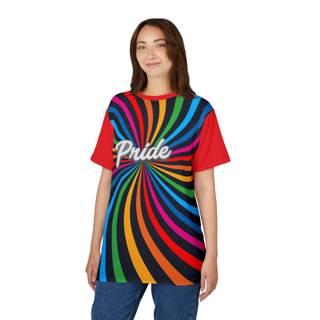 A person wearing a t-shirt with a vibrant spiral pattern in black and rainbow colors, proudly showcasing Pride at its center, celebrating the LGBTQ community. The red sleeves and back of the shirt are a stylish contrast to the front design.