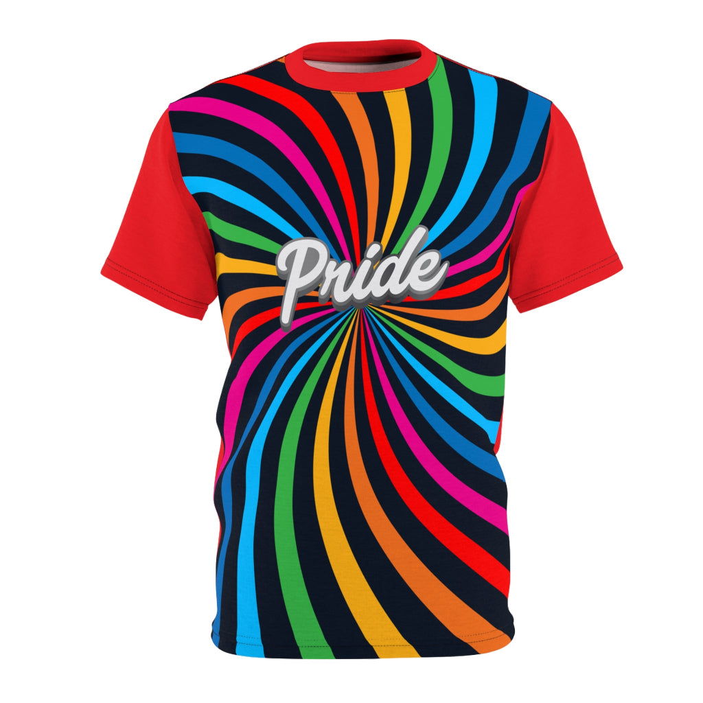 A t-shirt with a vibrant spiral pattern in black and rainbow colors, proudly showcasing Pride at its center, celebrating the LGBTQ community. The red sleeves and back of the shirt are a stylish contrast to the front design.