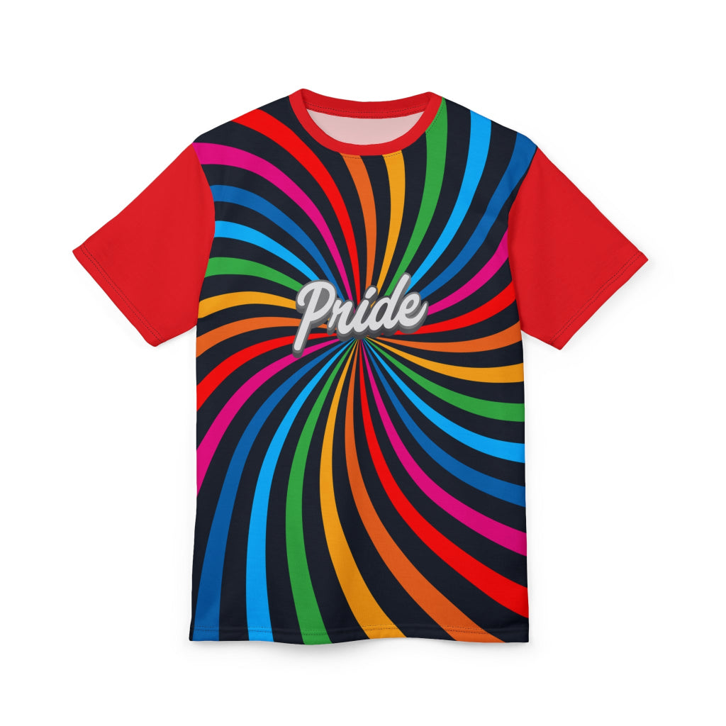 A t-shirt with a vibrant spiral pattern in black and rainbow colors, proudly showcasing Pride at its center, celebrating the LGBTQ community. The red sleeves and back of the shirt are a stylish contrast to the front design.