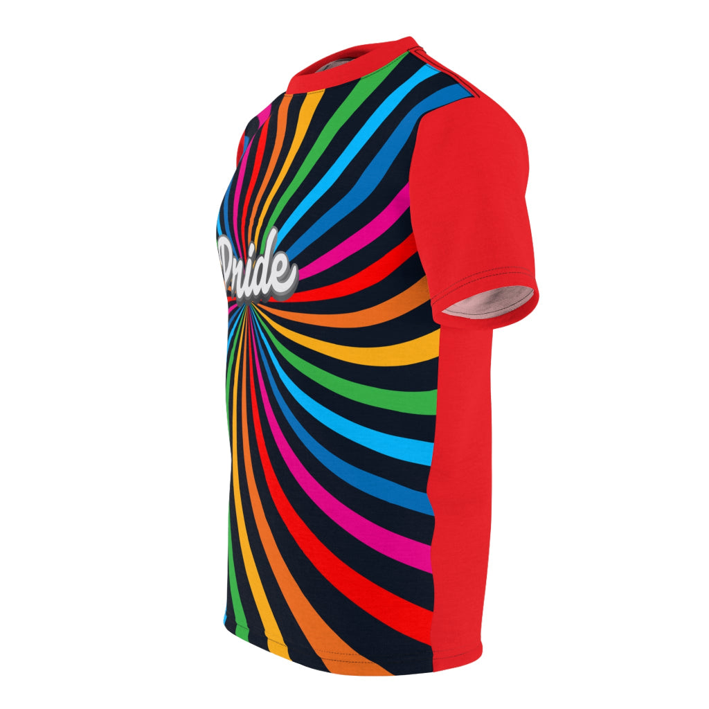 A t-shirt with a vibrant spiral pattern in black and rainbow colors, proudly showcasing Pride at its center, celebrating the LGBTQ community. The red sleeves and back of the shirt are a stylish contrast to the front design.