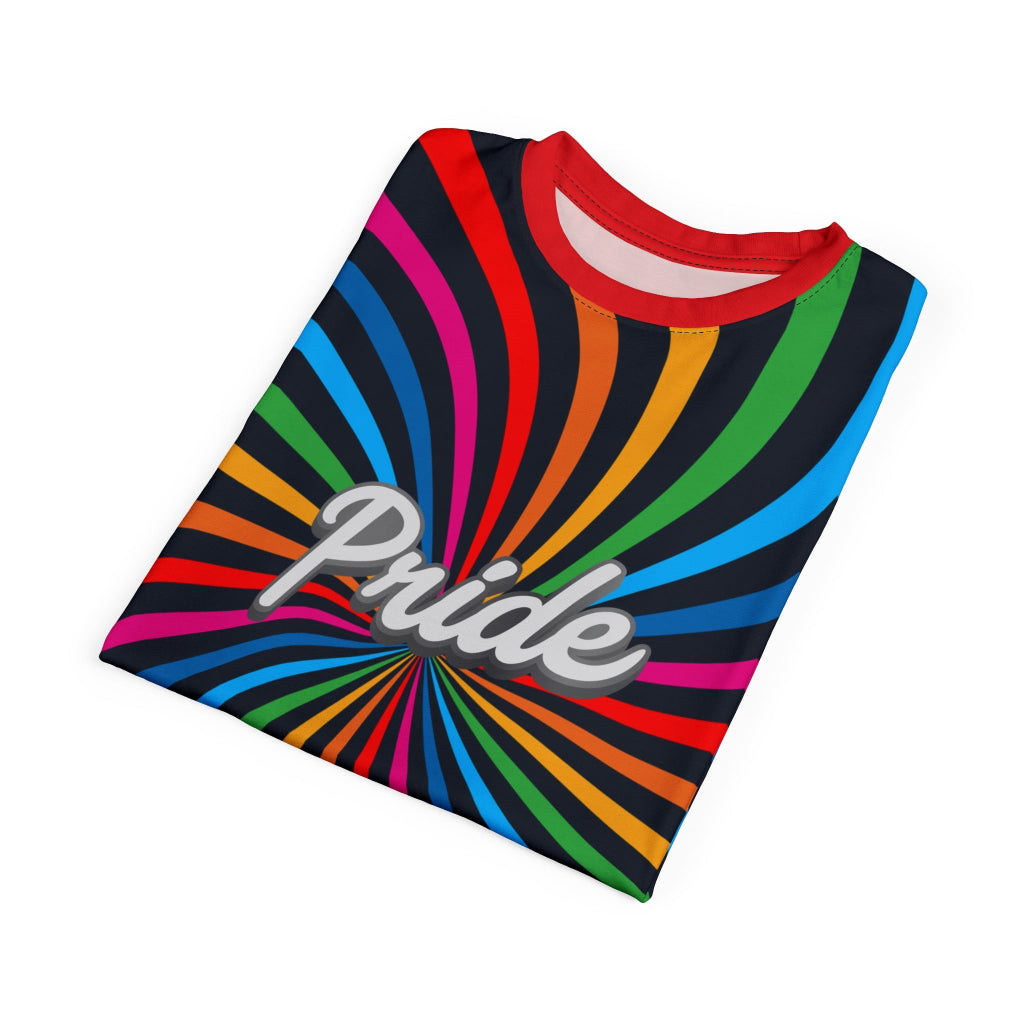 A t-shirt with a vibrant spiral pattern in black and rainbow colors, proudly showcasing Pride at its center, celebrating the LGBTQ community. The red sleeves and back of the shirt are a stylish contrast to the front design.