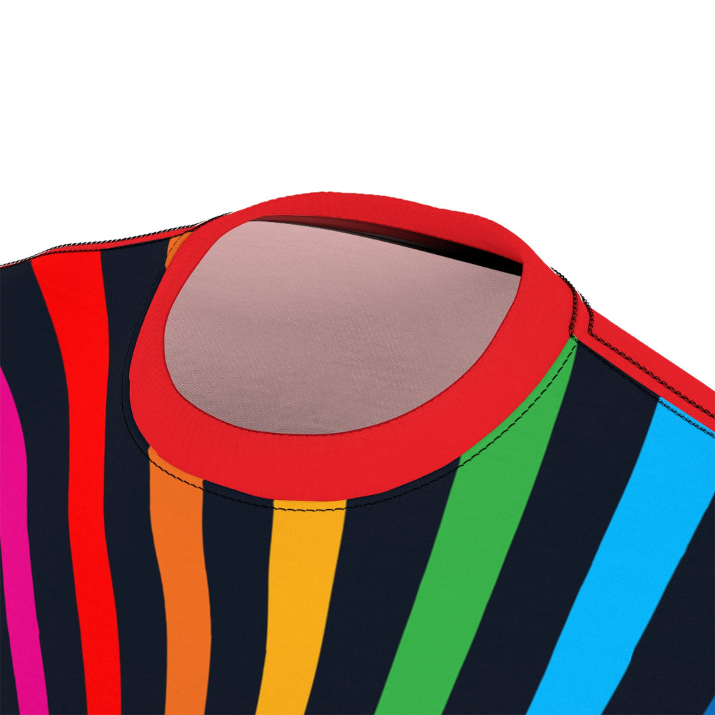 A t-shirt with a vibrant spiral pattern in black and rainbow colors, proudly showcasing Pride at its center, celebrating the LGBTQ community. The red sleeves and back of the shirt are a stylish contrast to the front design.