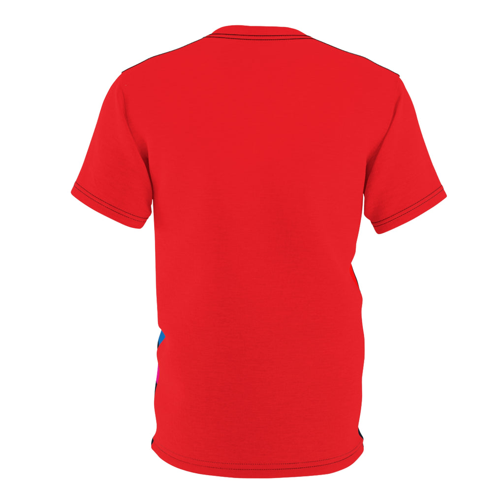 The back of a t-shirt with a vibrant spiral pattern in rainbow colors, proudly showcasing Pride at its center, celebrating the LGBTQ community. The back is red with black stitching on the sleeves, neck, and bottom hem.