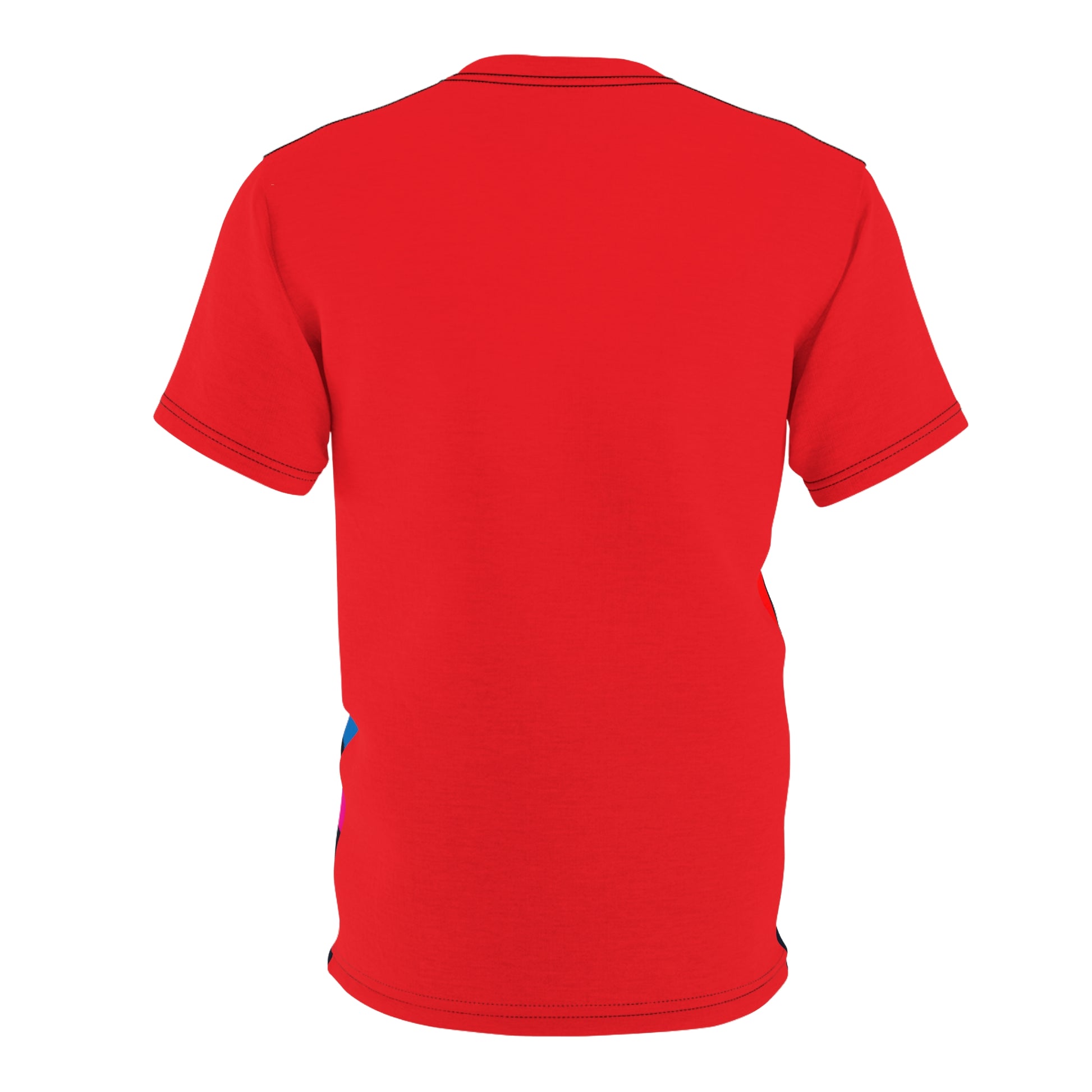 The back of a t-shirt with a vibrant spiral pattern in rainbow colors, proudly showcasing Pride at its center, celebrating the LGBTQ community. The back is red with black stitching on the sleeves, neck, and bottom hem.