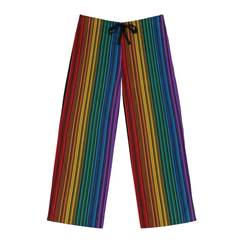 Colorful striped pants featuring vertical rainbow lines stands against a plain white background. Embracing the spirit of Worldwide PRIDE, these pants, with their drawstring waist, reflect the vibrant energy of the LGBTQ community. 