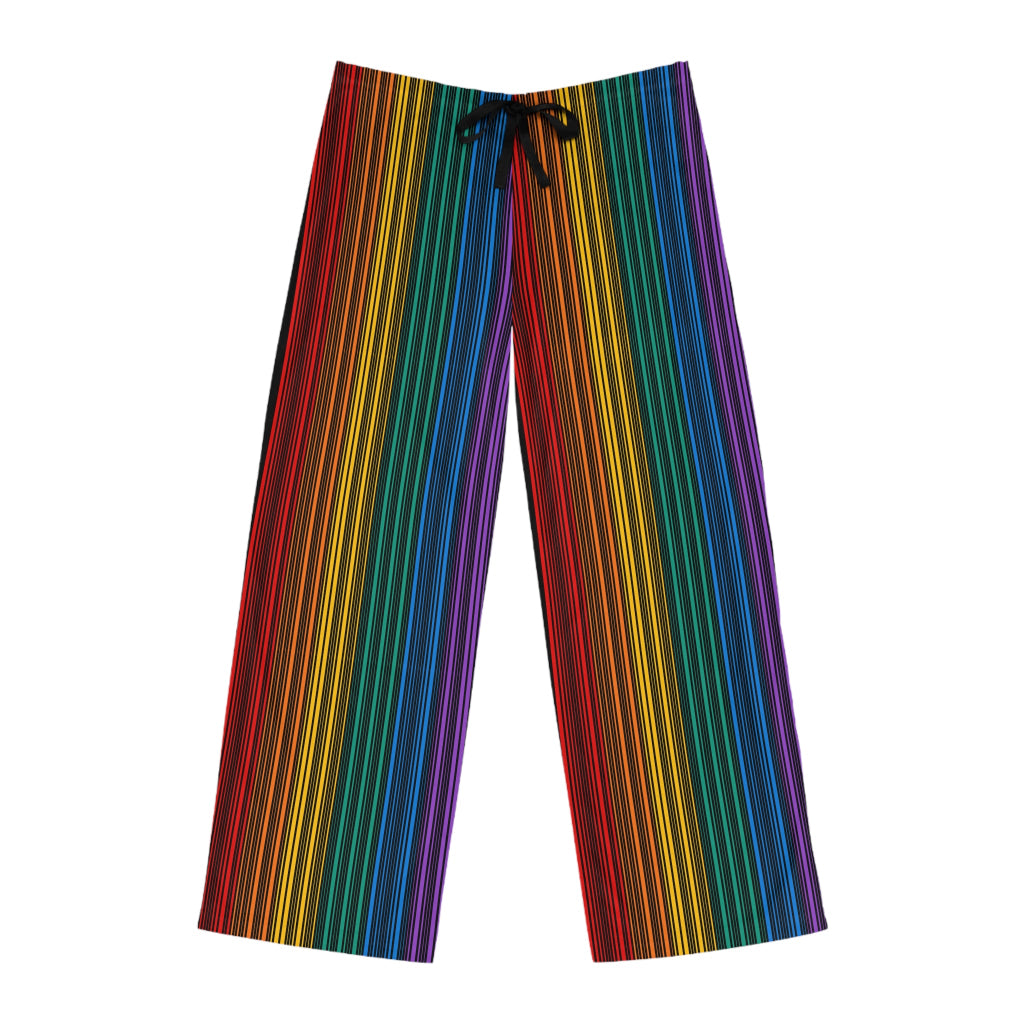 Colorful striped pants featuring vertical rainbow lines stands against a plain white background. Embracing the spirit of Worldwide PRIDE, these pants, with their drawstring waist, reflect the vibrant energy of the LGBTQ community. 