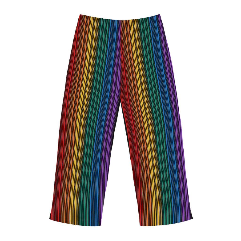 Colorful striped pants featuring vertical rainbow lines stands against a plain white background. Embracing the spirit of Worldwide PRIDE, these pants, with their drawstring waist, reflect the vibrant energy of the LGBTQ community. 