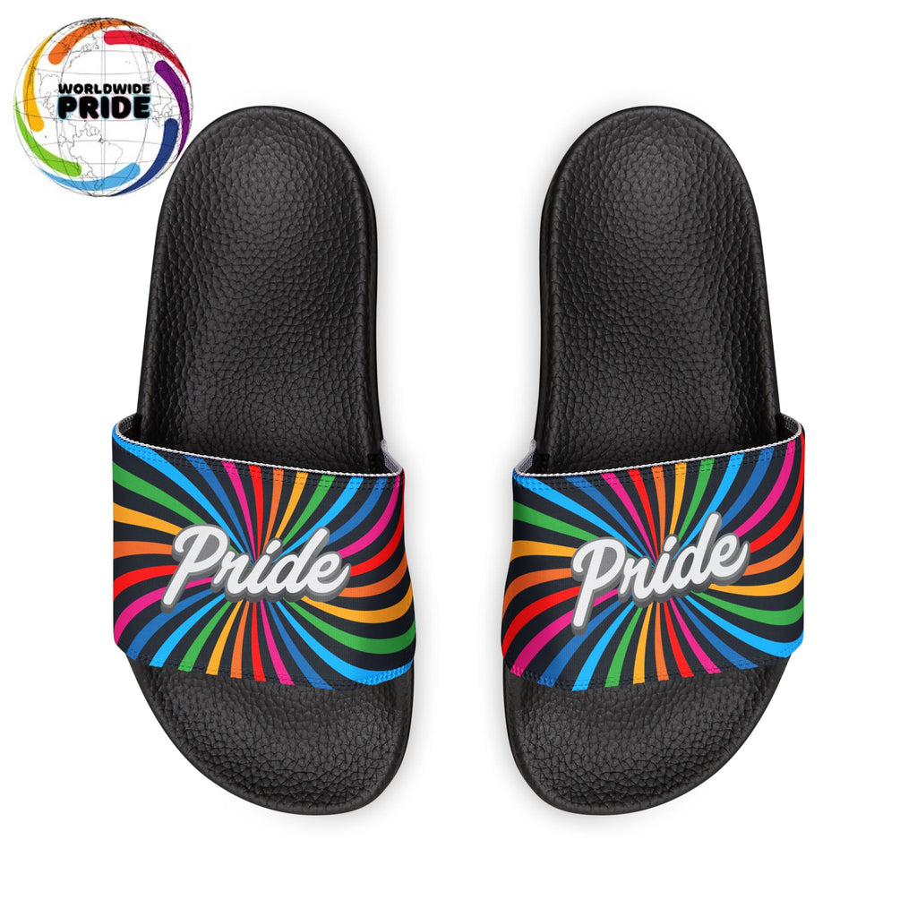 Black slides with rainbow stripes and the word Pride on them. The background is plain white, highlighting their support for the LGBTQ community.The Worldwide PRIDE logo sits in the upper left corner.