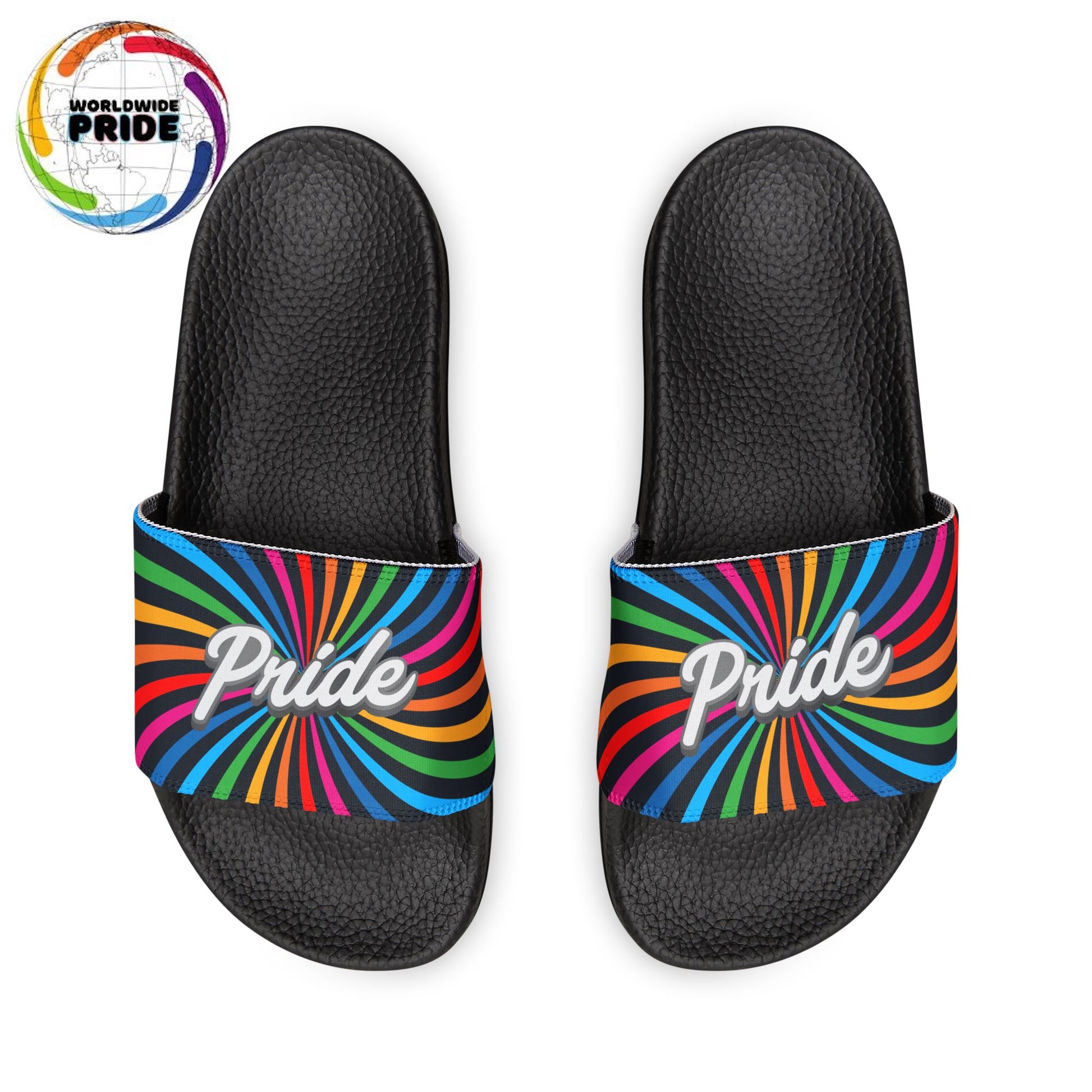 Black slides with rainbow stripes and the word Pride on them. The background is plain white, highlighting their support for the LGBTQ community.The Worldwide PRIDE logo sits in the upper left corner.