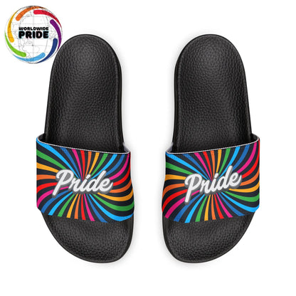 Black slides with rainbow stripes and the word Pride on them. The background is plain white, highlighting their support for the LGBTQ community.The Worldwide PRIDE logo sits in the upper left corner.