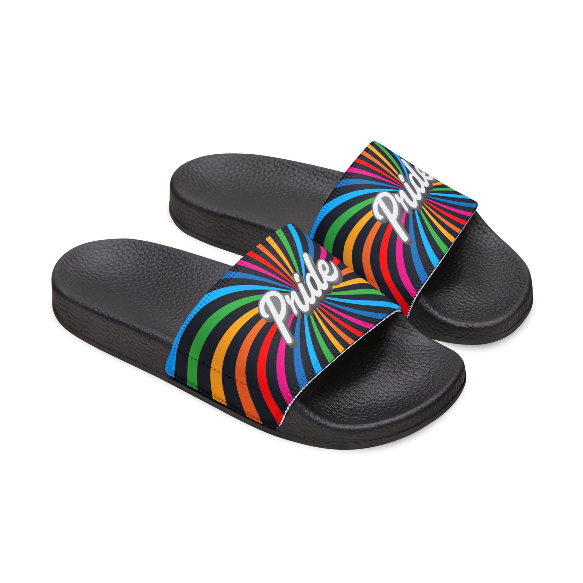 Black slides with rainbow stripes and the word Pride on them, celebrating Worldwide Pride. The background is plain white, highlighting their support for the LGBTQ community.