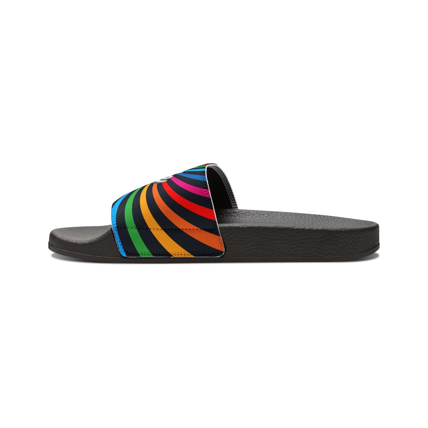 Black slides with rainbow stripes and the word Pride on them, celebrating Worldwide Pride. The background is plain white, highlighting their support for the LGBTQ community.
