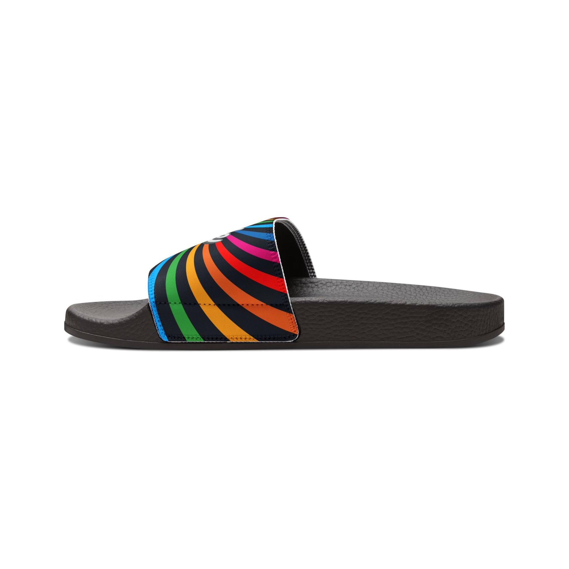 Black slides with rainbow stripes and the word Pride on them, celebrating Worldwide Pride. The background is plain white, highlighting their support for the LGBTQ community.