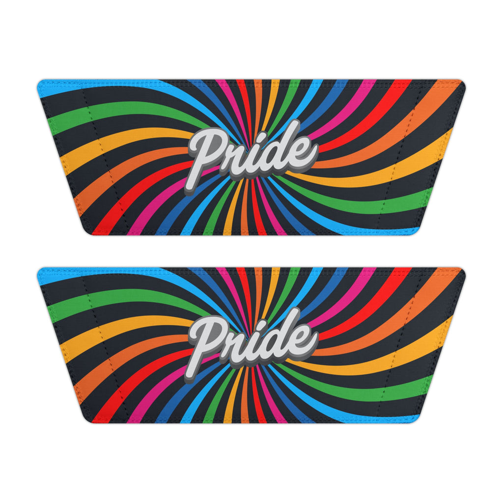 The removable straps for the slides are designed in black with rainbow stripes and the word Pride written on them. 