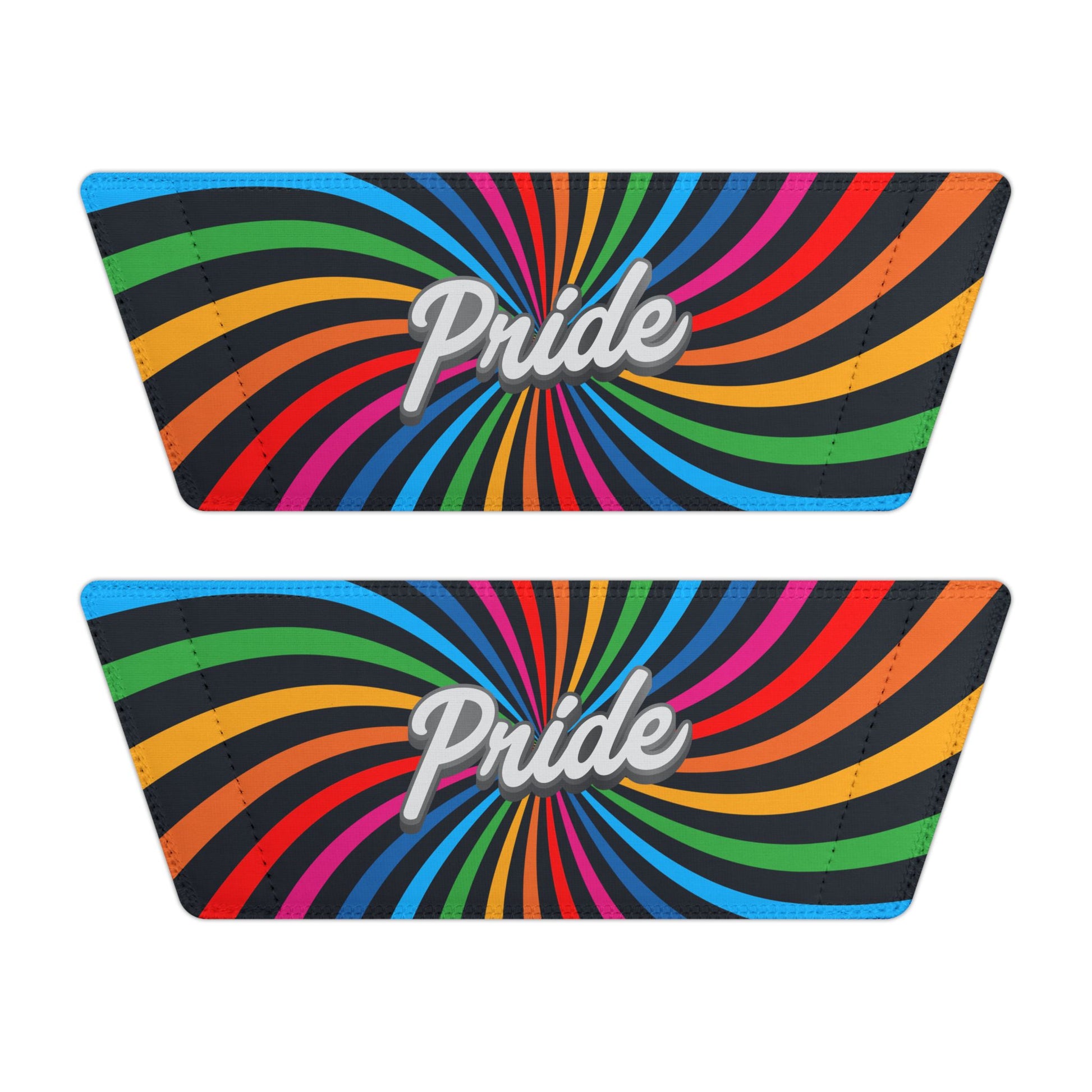 The removable straps for the slides are designed in black with rainbow stripes and the word Pride written on them. 