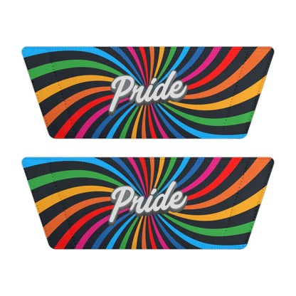 The removable straps for the slides are designed in black with rainbow stripes and the word Pride written on them. 