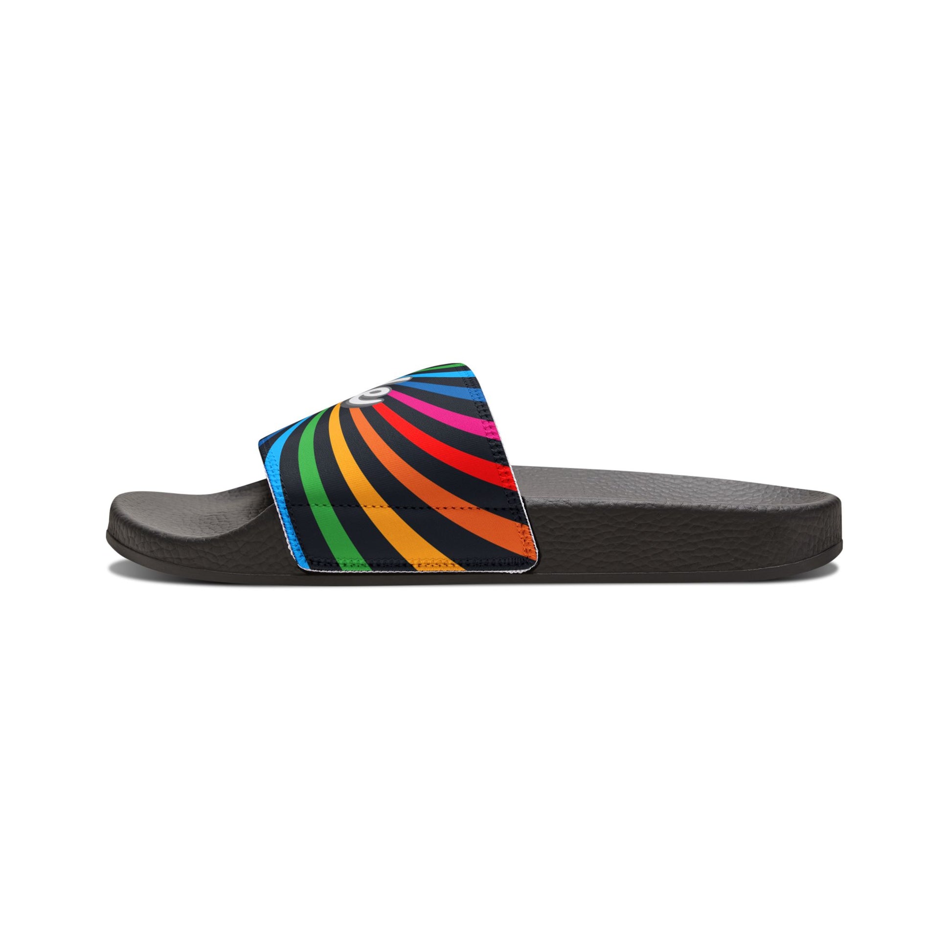 Black slides with rainbow stripes and the word Pride on them, celebrating Worldwide Pride. The background is plain white, highlighting their support for the LGBTQ community.