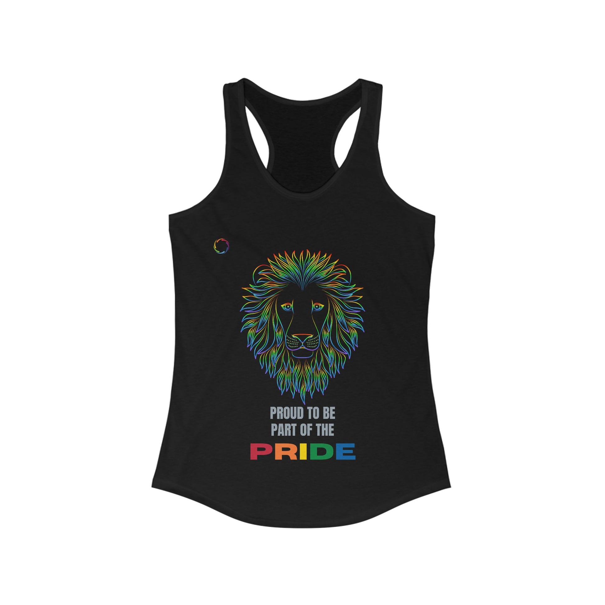 Black tank top featuring a colorful lion illustration and the text Proud to be part of the PRIDE, with PRIDE in rainbow colors, celebrating the vibrant spirit of the LGBTQ community.