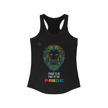 Black tank top featuring a colorful lion illustration and the text Proud to be part of the PRIDE, with PRIDE in rainbow colors, celebrating the vibrant spirit of the LGBTQ community.