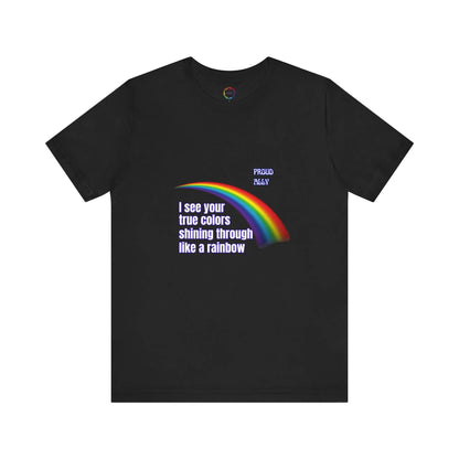 Black t-shirt with rainbow design and text on a white background