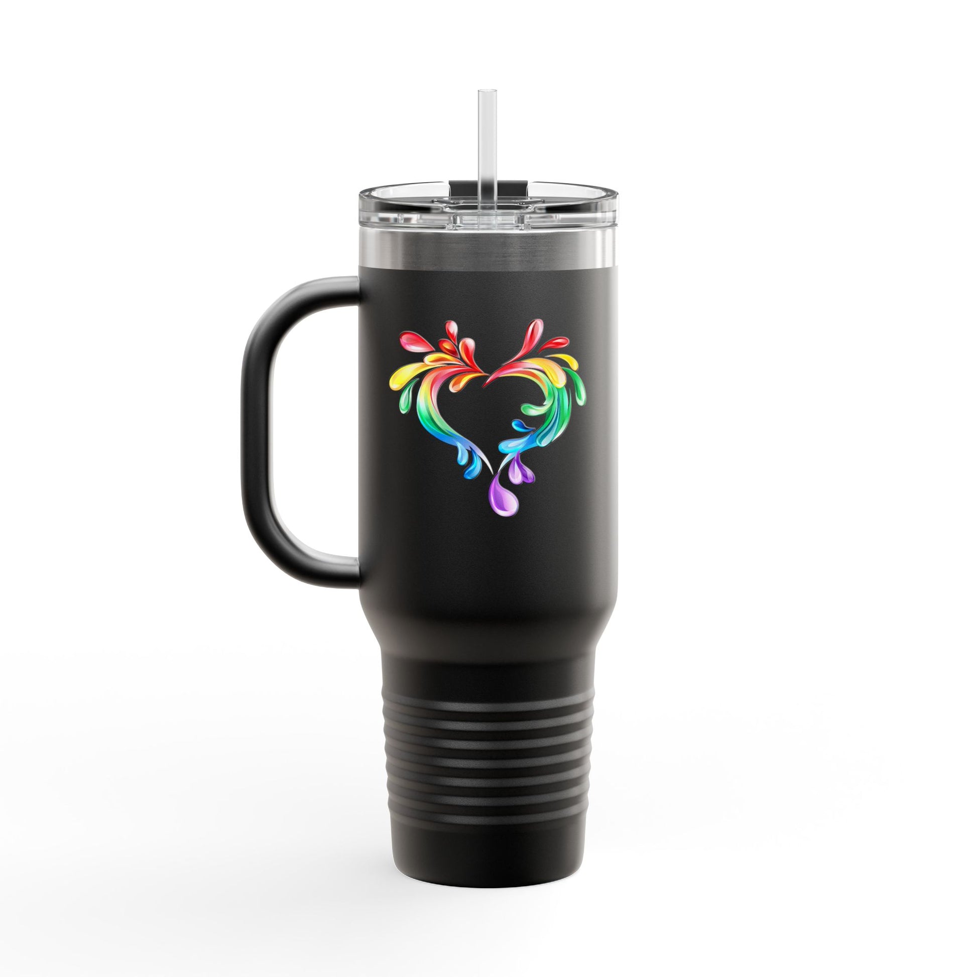 A black travel mug with a handle and straw, showcasing a colorful heart made of water splashes. The Worldwide PRIDE cup is celebrating diversity and love.