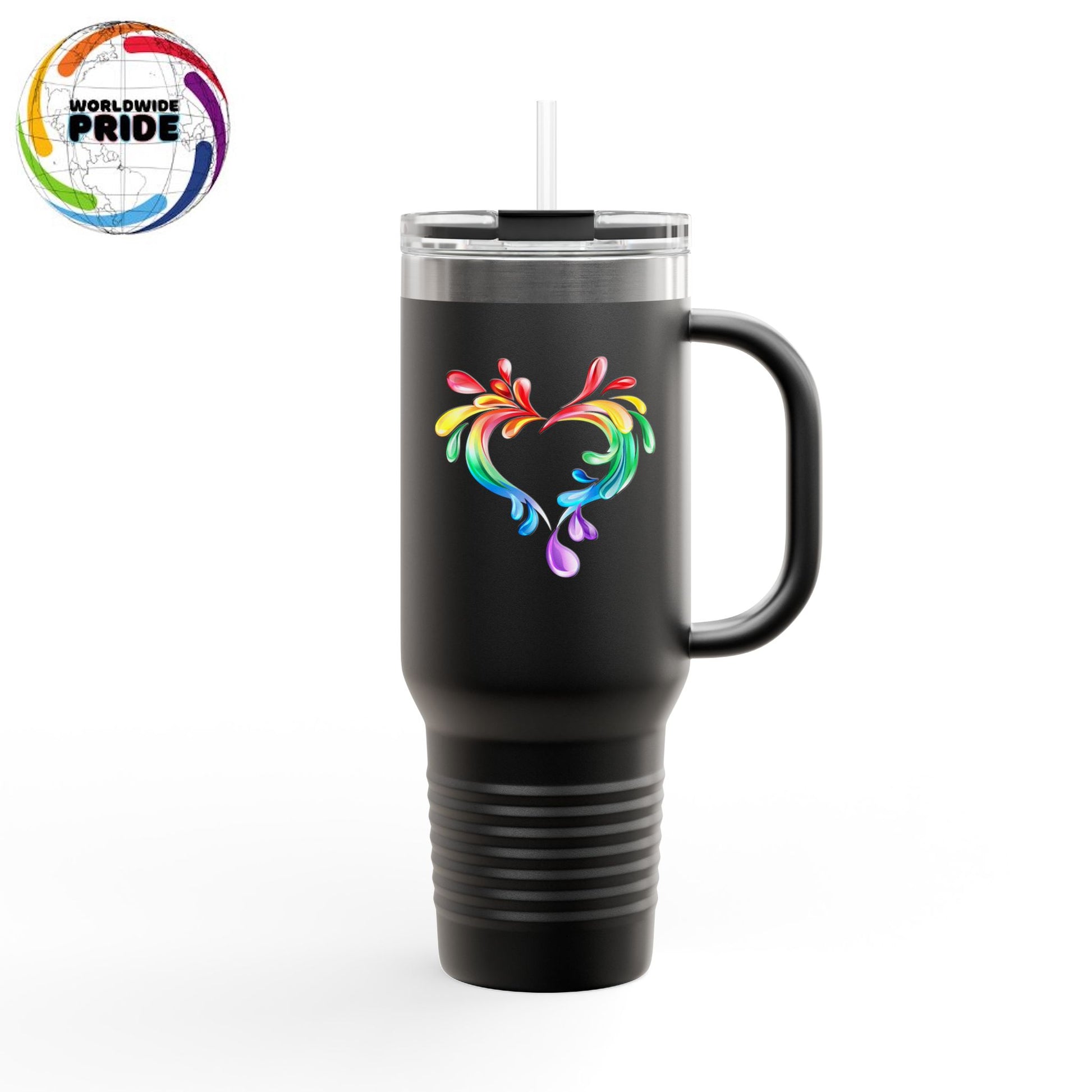 A black travel mug with a handle and straw, showcasing a colorful heart made of water splashes. The Worldwide PRIDE logo with a rainbow globe is in the top left corner, celebrating diversity and love.